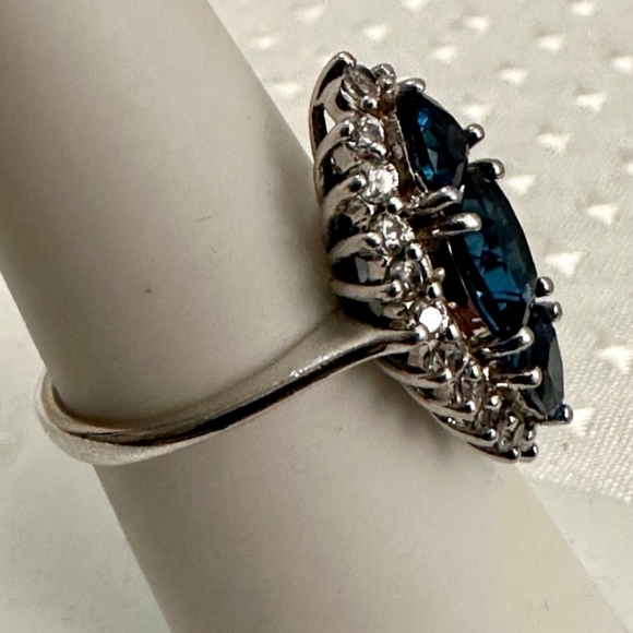 Elongated London Blue Topaz & White Zircon Sterling Silver Ring 💍 💙 Sz 7 - Picture 11 of 13